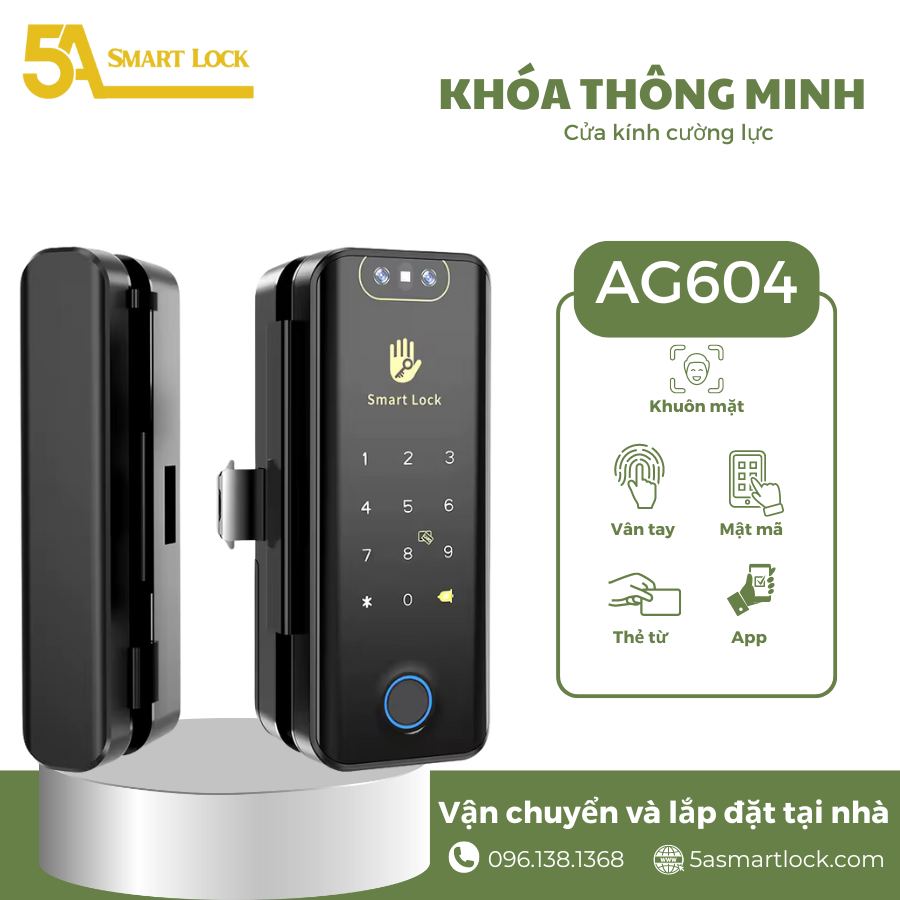 Khóa vân tay cửa kính nhận diện khuôn mặt 5A Smartlock AG604